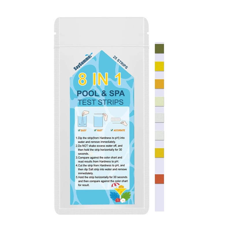 SaySummer Salt-Water Pool Test Strips Kit: 25 Counts 8-in-1 for Salt Water Pool Testing Kit, Salt Pool Test Strips for Hot Tub Spa Testing Salt Chlorine pH and More - Image 1